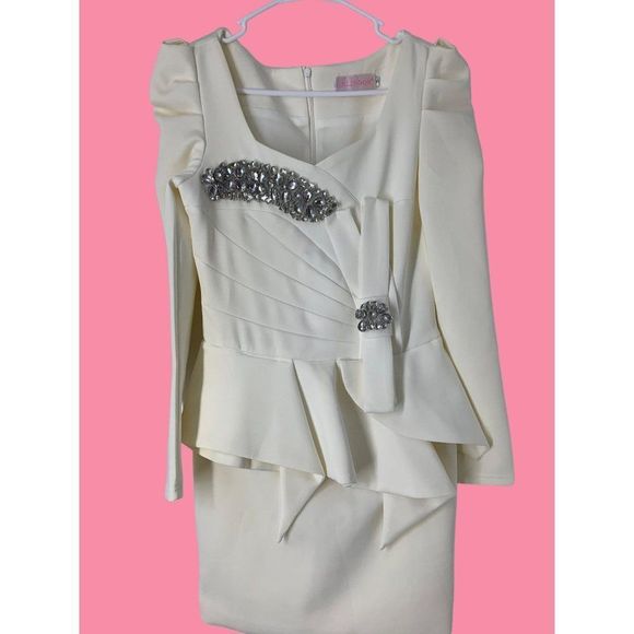 Womens Blingor White Scuba Bling Embellished Peplum Dress Size Small 4/6 5203 - Picture 1 of 14